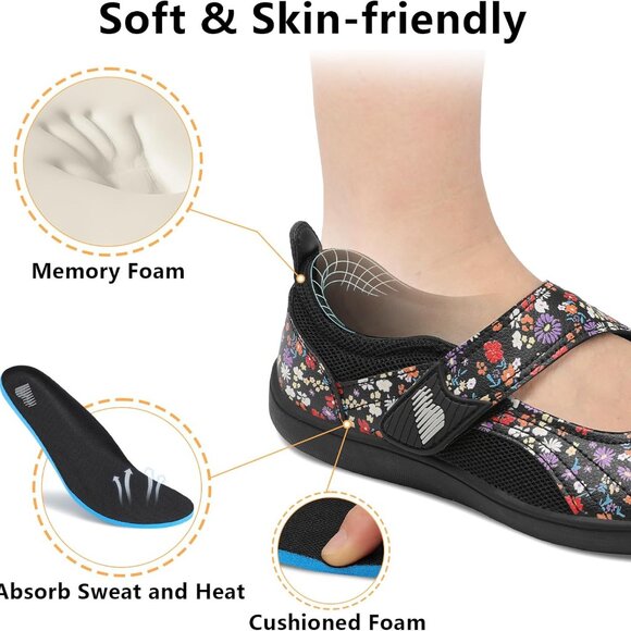 Womens Wide Toe Mary Jane Flats Breathable Diabetic Shoes Slip-Resistant - Picture 6 of 7